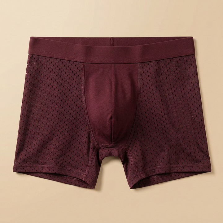 Bordeauxrode boxershort plat neergelegd, met geperforeerde zijpanelen en zichtbare naden 7