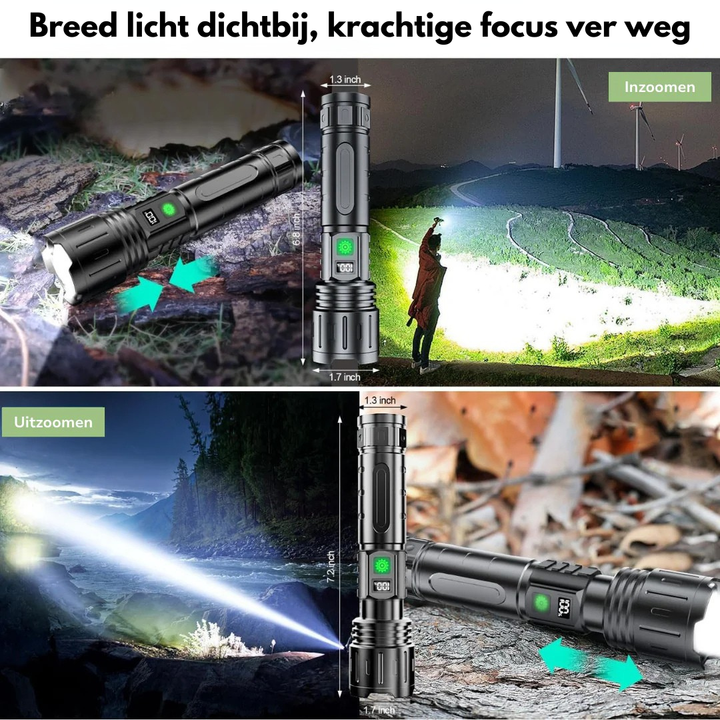 Collage van de zaklamp in gebruik met inzoomen en uitzoomen: brede lichtbundel dichtbij en smalle, verre bundel in de natuur. 2