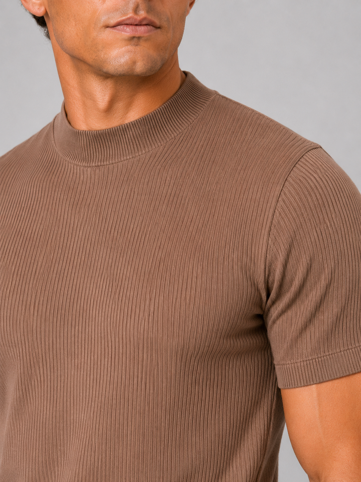 Men's Mock Neck Ribbed T-Shirt Fitted Stretch Short Sleeve Top 2