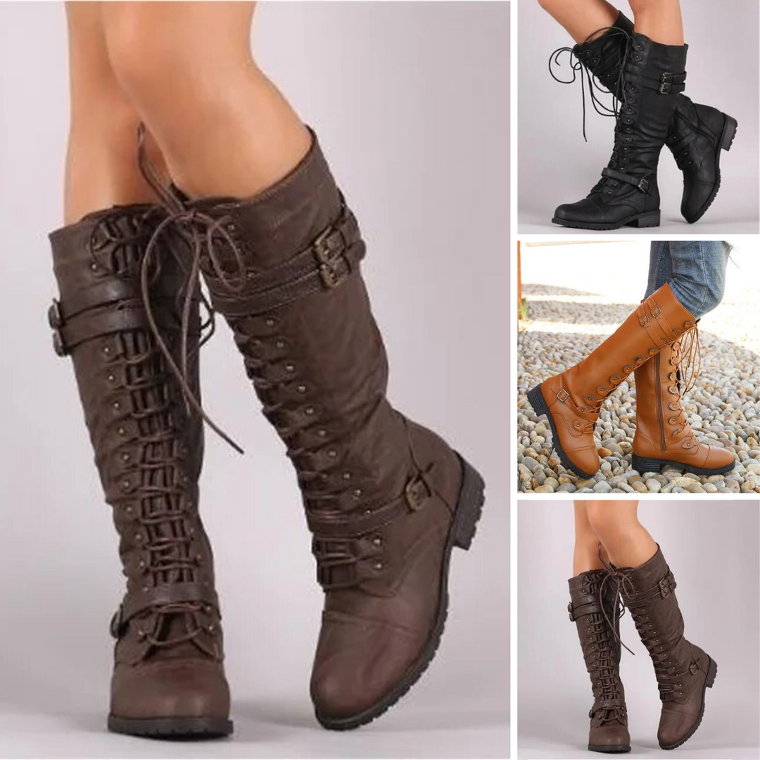 Retro Lace-Up Boots with Buckle - Elora