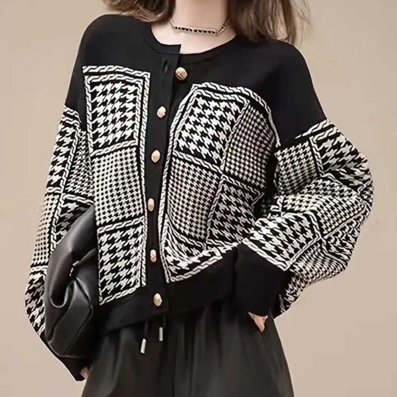 Zwarte Dames Cardigan met Pied-de-Poule Motief - Isolde