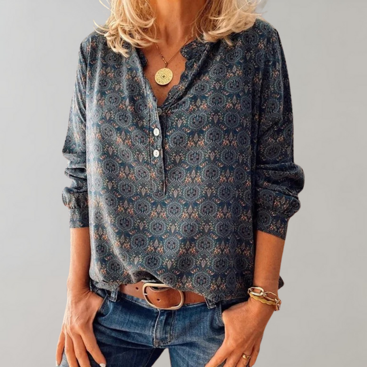 Vintage Damesblouse met Knoopsluiting en Print – Selina