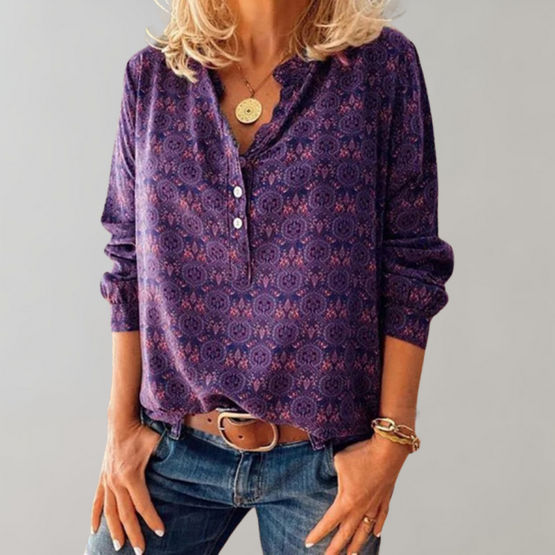 Vintage Damesblouse met Knoopsluiting en Print – Selina