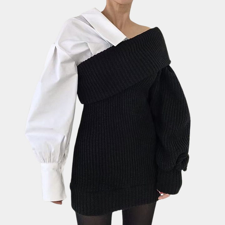 Gebreide Off-Shoulder Jurk met Contrasterende Mouwen – Selina