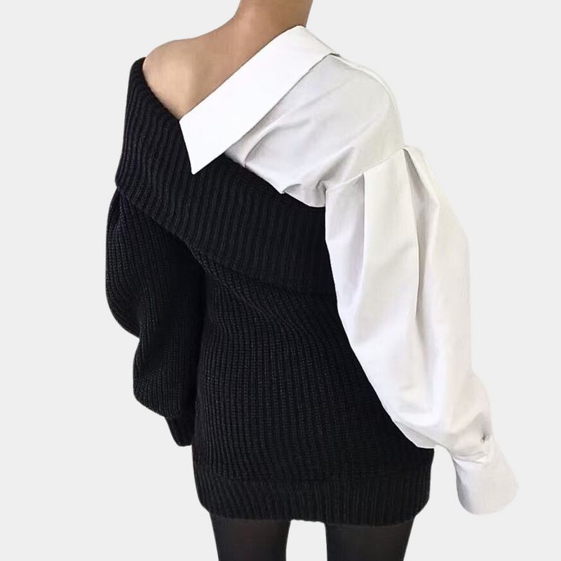 Gebreide Off-Shoulder Jurk met Contrasterende Mouwen – Selina