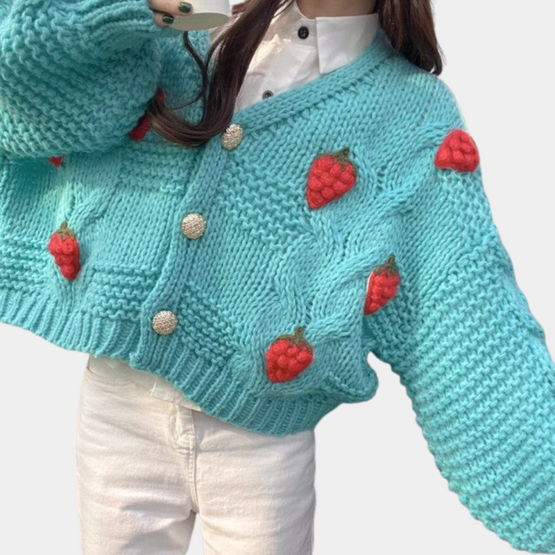 Knitted Women's Cardigan with Strawberry Details – Poppy