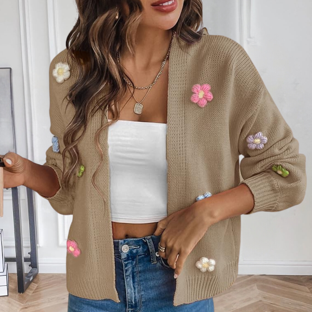 Gebreid Damesvest met 3D Bloemen – Maribel