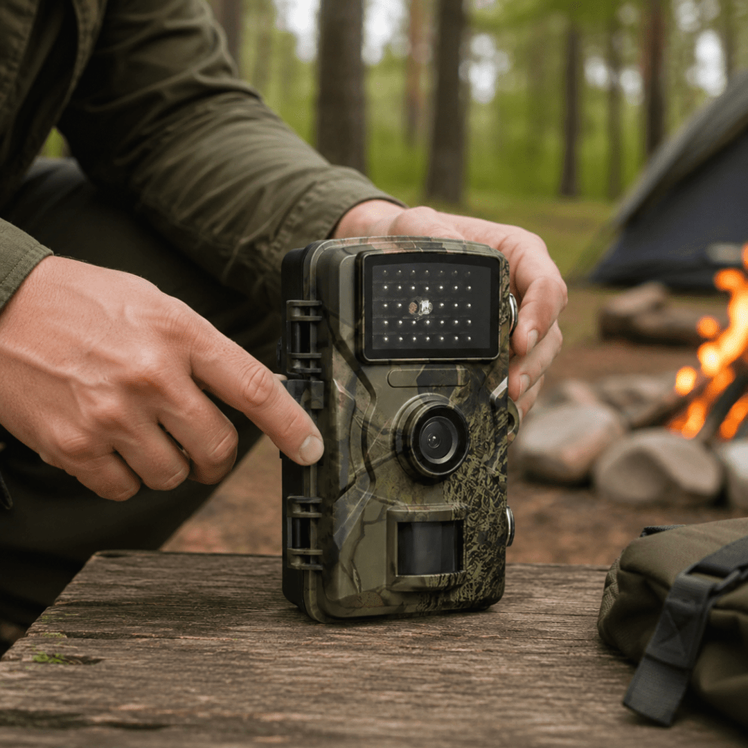 Handen houden de camouflagecamera vast op een houten tafel, met infraroodlampjes, lens en bewegingssensor zichtbaar en een kampvuur op de achtergrond. 2