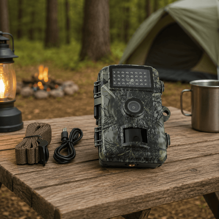 Camouflagekleurige wildcamera op een houten tafel in het bos, naast een opgerolde bevestigingsband, een usb-kabel, een lantaarn en een metalen beker. 1