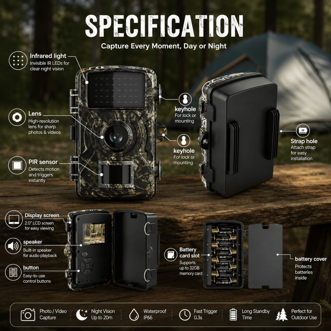 Informatiebeeld met de onderdelen van de camera gelabeld: infraroodlampjes, lens, bewegingssensor, scherm, knoppen, batterijvak, geheugenkaartsleuf en bevestigi 5