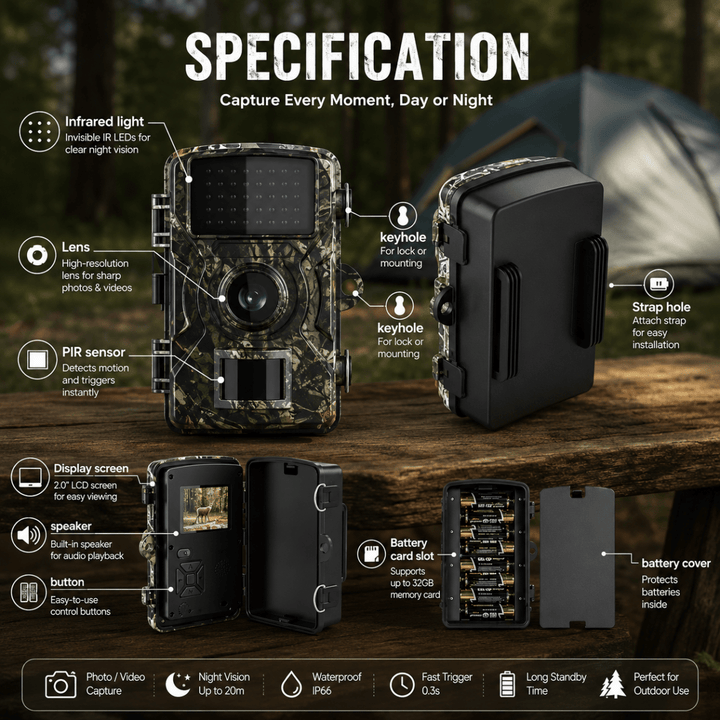 Informatiebeeld met de onderdelen van de camera gelabeld: infraroodlampjes, lens, bewegingssensor, scherm, knoppen, batterijvak, geheugenkaartsleuf en bevestigi 5