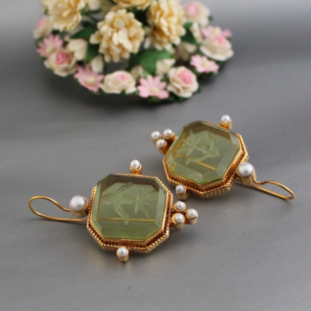 Vintage Groene Oorbellen met Parels - Valeria