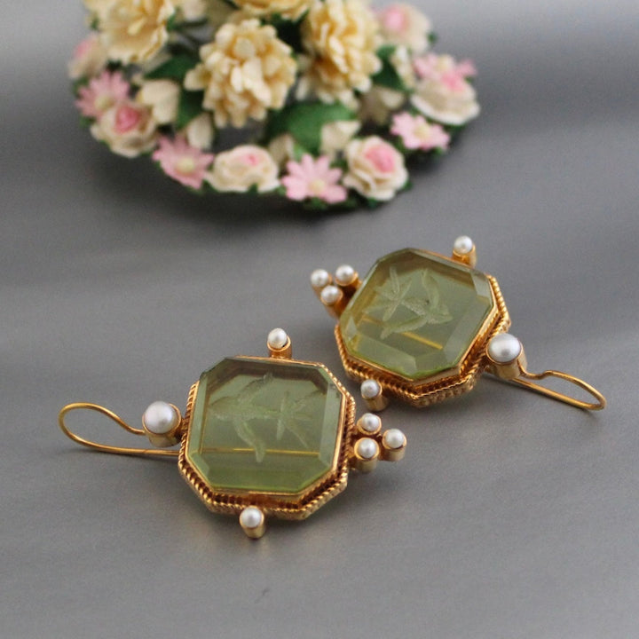 Vintage Groene Oorbellen met Parels - Valeria
