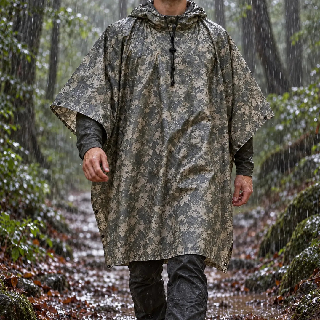 Wandelaar loopt in de stromende regen over een bospad, gekleed in een poncho met grijs-beige pixelcamouflage en capuchon met trekkoord. 1