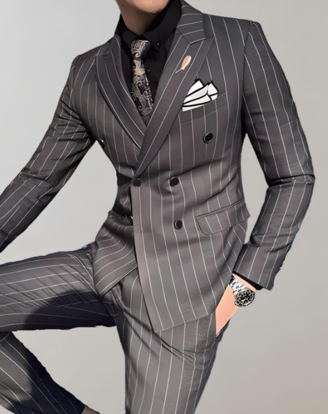 Striped Men's Suit with Double-Breasted Buttons - Maxim