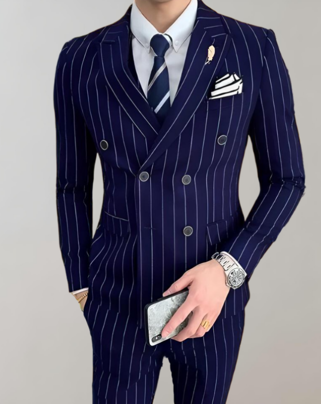 Striped Men's Suit with Double-Breasted Buttons - Maxim