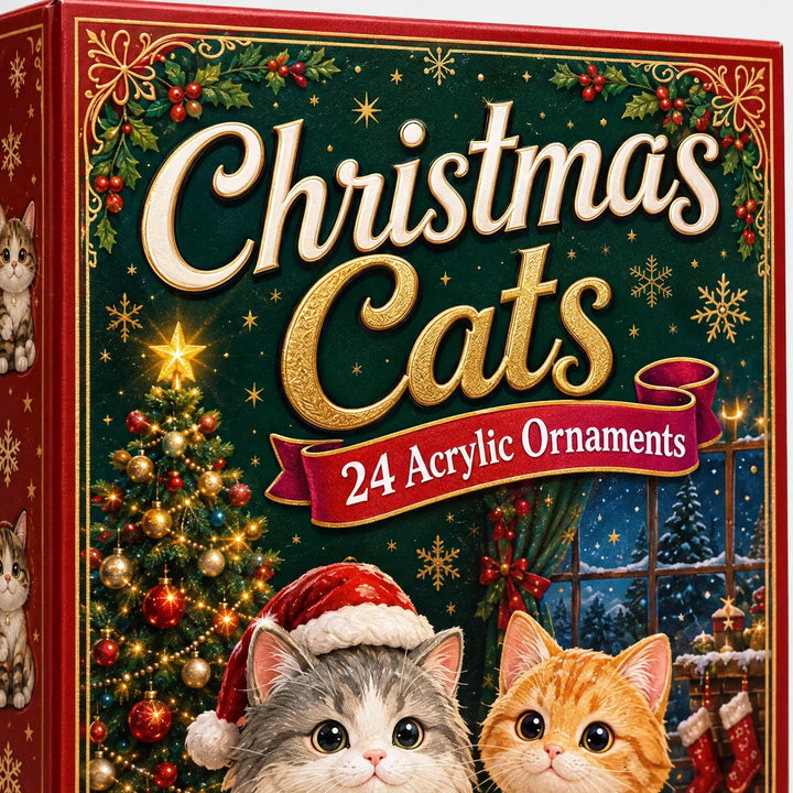 Close-up van de voorkant van de rode doos met twee katten met kerstmuts, een versierde kerstboom en een besneeuwd raam. 3
