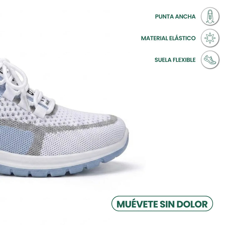 Detail van de brede neus van de witte mesh sneaker, met pictogrammen voor elastisch materiaal en flexibele zool. 5