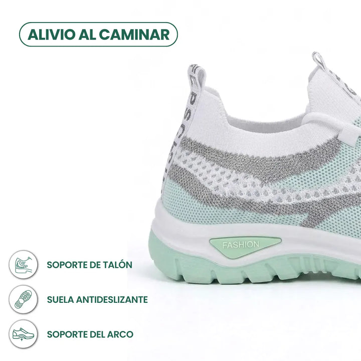 Detail van de hiel van de witte en mintgroene sneaker, met pictogrammen voor hielondersteuning, antislipzool en boogondersteuning. 13
