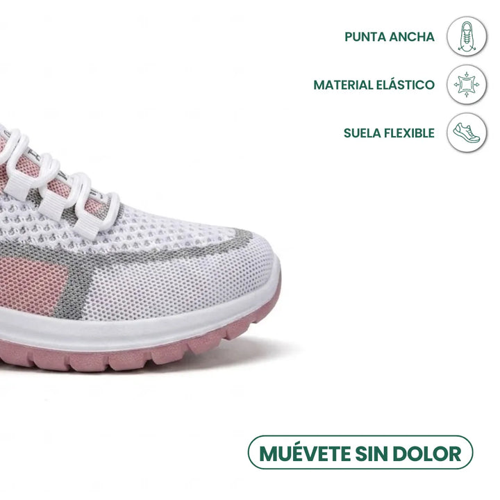 Close-up van de brede neus van de witte mesh sneaker met roze accenten, met iconen voor elastisch materiaal en flexibele zool. 23