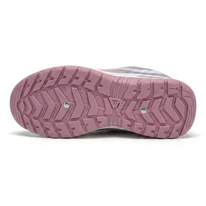 Onderkant van de roze loopzool met diep profiel voor extra grip, twee metalen nagelkopjes in het midden. 27