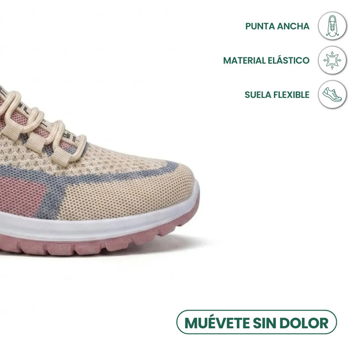 Close-up van de brede neus van de beige mesh sneaker met roze en blauwgrijze accenten, met iconen voor elastisch materiaal en flexibele zool. 32