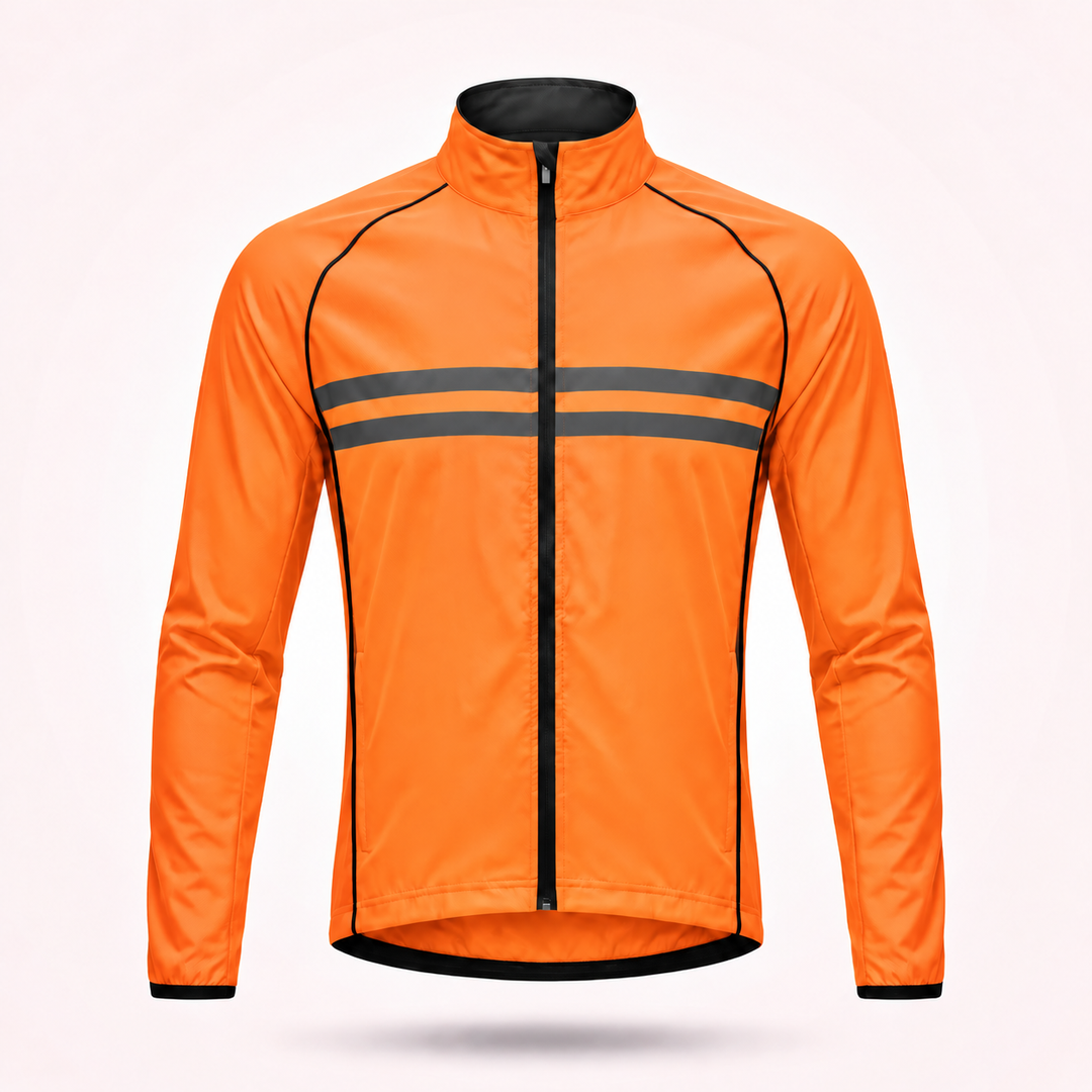 Oranje fietsjas zonder capuchon met twee donkere reflecterende strepen en zwarte afwerking, vooraanzicht. 15