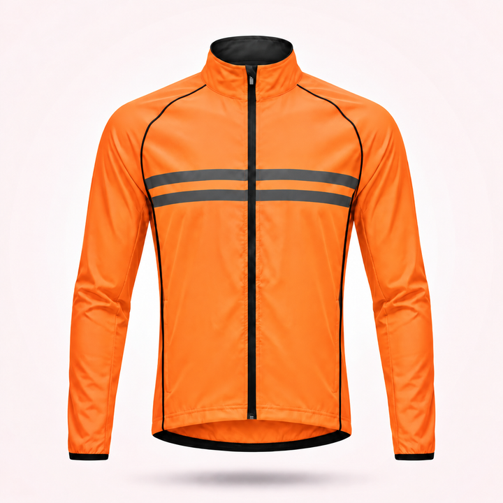 Oranje fietsjas zonder capuchon met twee donkere reflecterende strepen en zwarte afwerking, vooraanzicht. 15