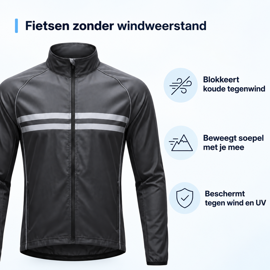 Zwarte fietsjas met reflecterende strepen, naast drie pictogrammen over windbescherming, soepele pasvorm en bescherming tegen wind en UV. 3