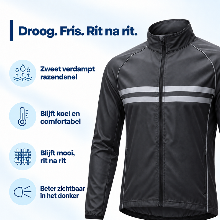 Schuin vooraanzicht van de zwarte fietsjas met vier pictogrammen over sneldrogend, koel, duurzaam weefsel en zichtbaarheid in het donker. 4