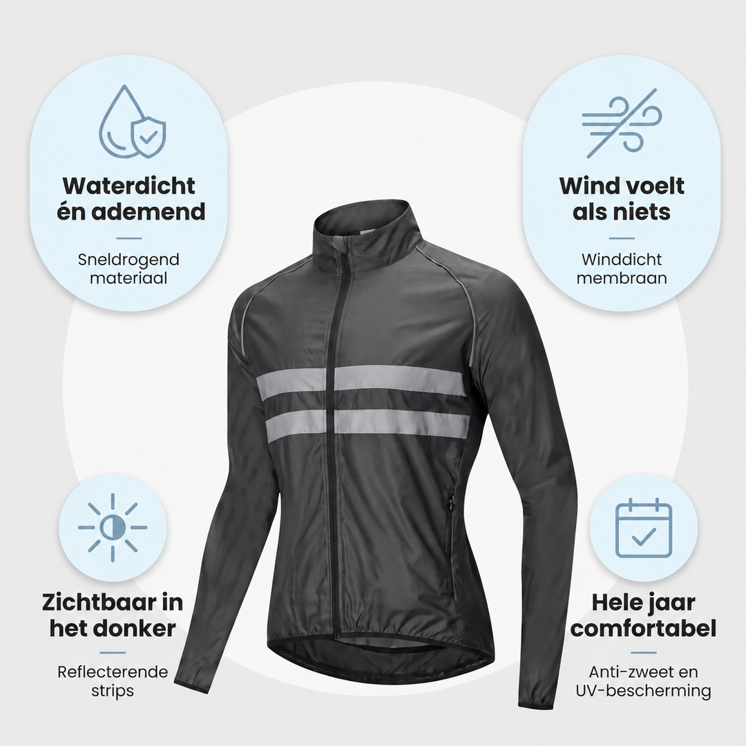 Zwarte fietsjas in schuin aanzicht omringd door vier pictogrammen over waterdicht, winddicht, reflecterende strips en comfort het hele jaar. 7