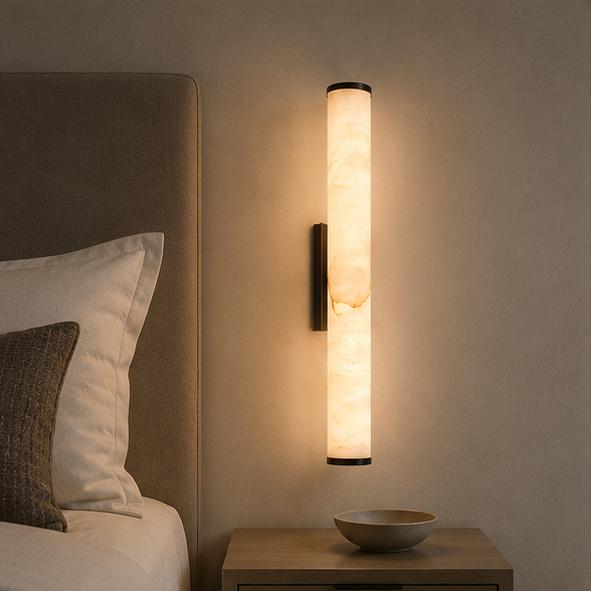 Verticale wandlamp met gemarmerd licht boven een nachtkastje met schaal, naast een bed met beige kussens. 9