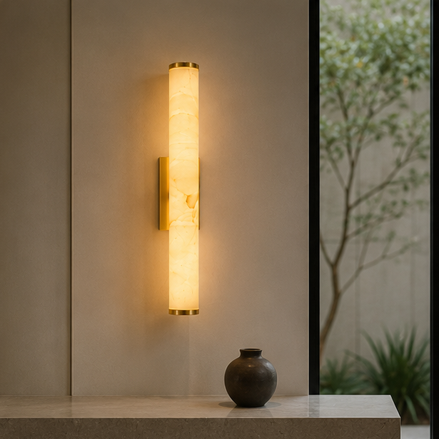 Wandlamp met messing uiteinden en gemarmerde lichtbuis naast een raam met uitzicht op een boom, boven een kleine donkere vaas. 10
