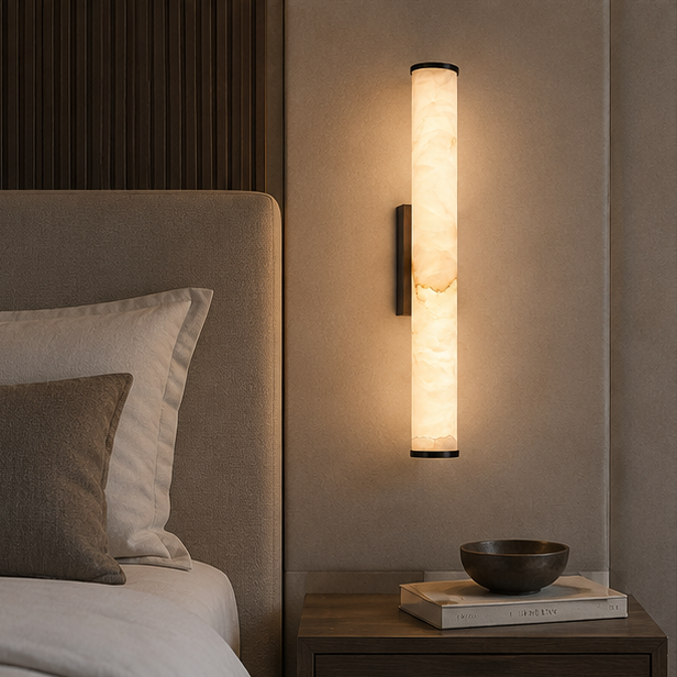 Wandlamp met warm licht en zwarte details naast een bed, boven een nachtkastje met boeken en een schaal. 6