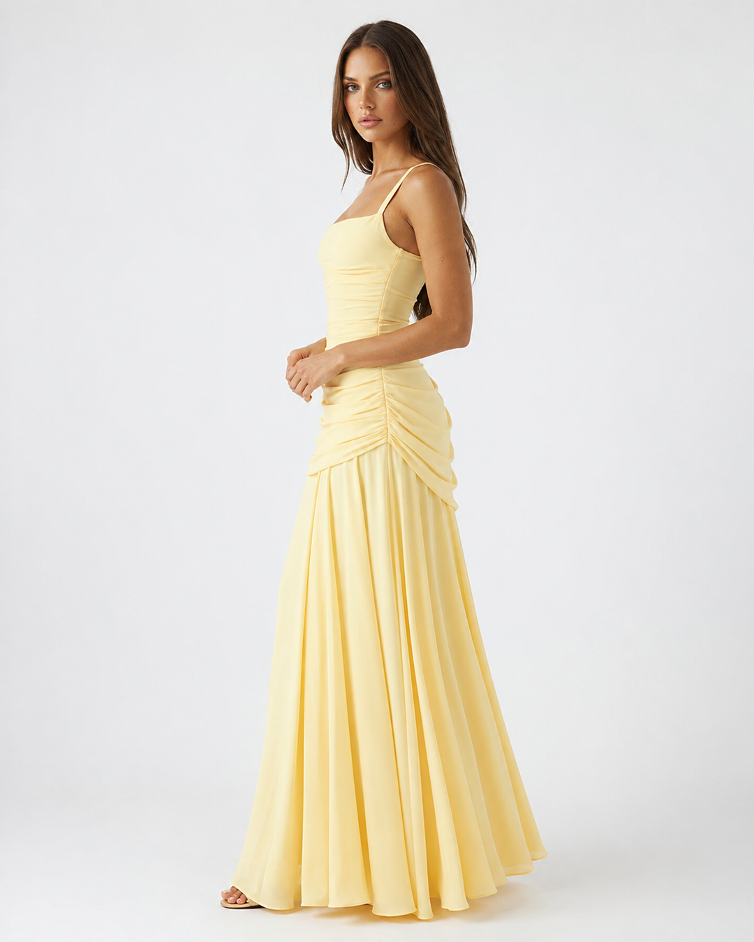 Women's Maxi Dress with Square Neckline and Side Draping 3