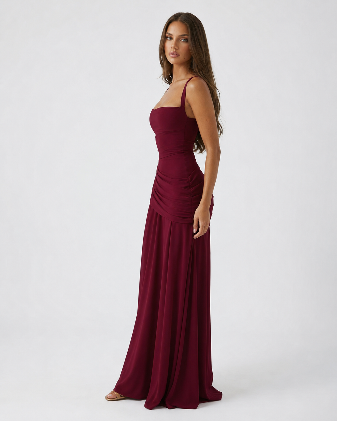Women's Maxi Dress with Square Neckline and Side Draping 10