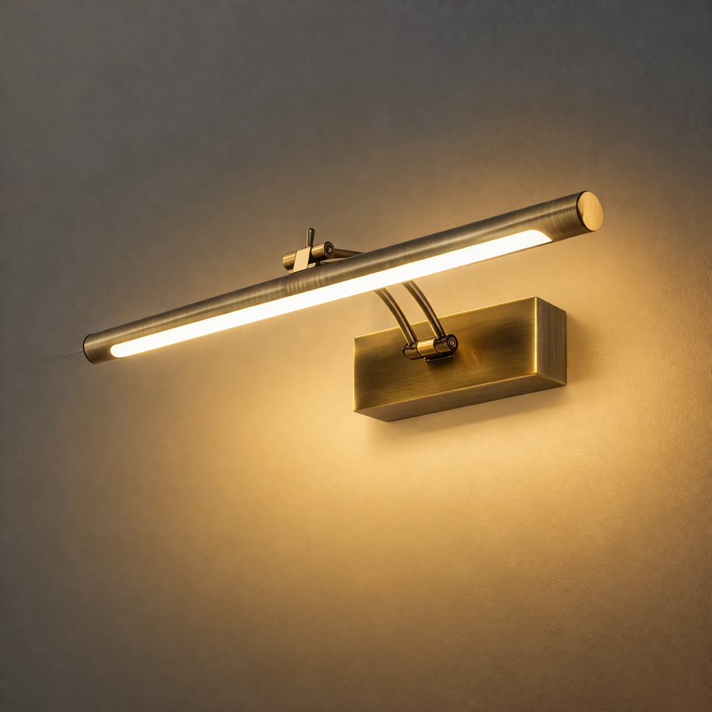Aanstaande antiek messing wandlamp met buisvormige ledbalk die een warme gloed over een grijze muur werpt 16