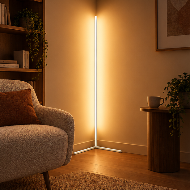 Witte hoekstaande lamp verlicht een leeshoek met warm licht, naast een bouclé fauteuil, boekenkast en houten bijzettafel. 2