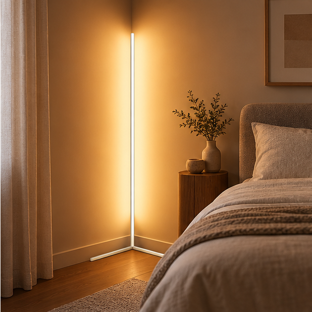 Witte hoekstaande lamp geeft zacht warm licht in een slaapkamer, naast een bed, gordijn en houten nachtkastje. 4
