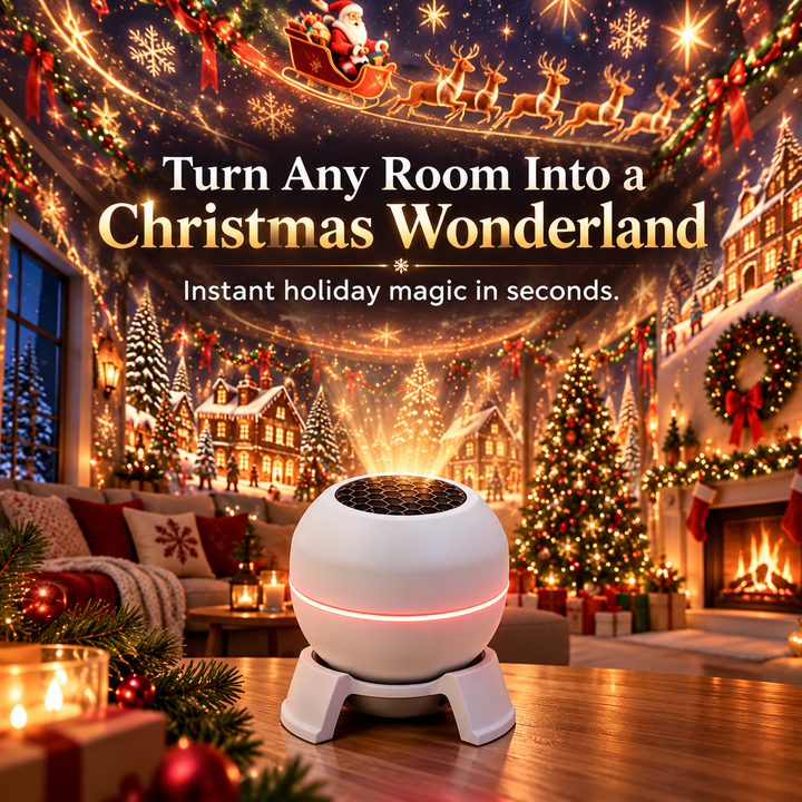 Witte projector met rode lichtband op een houten tafel, in een kerstkamer waarvan de muren vol projectie met kerstman en dorpje staan. 2