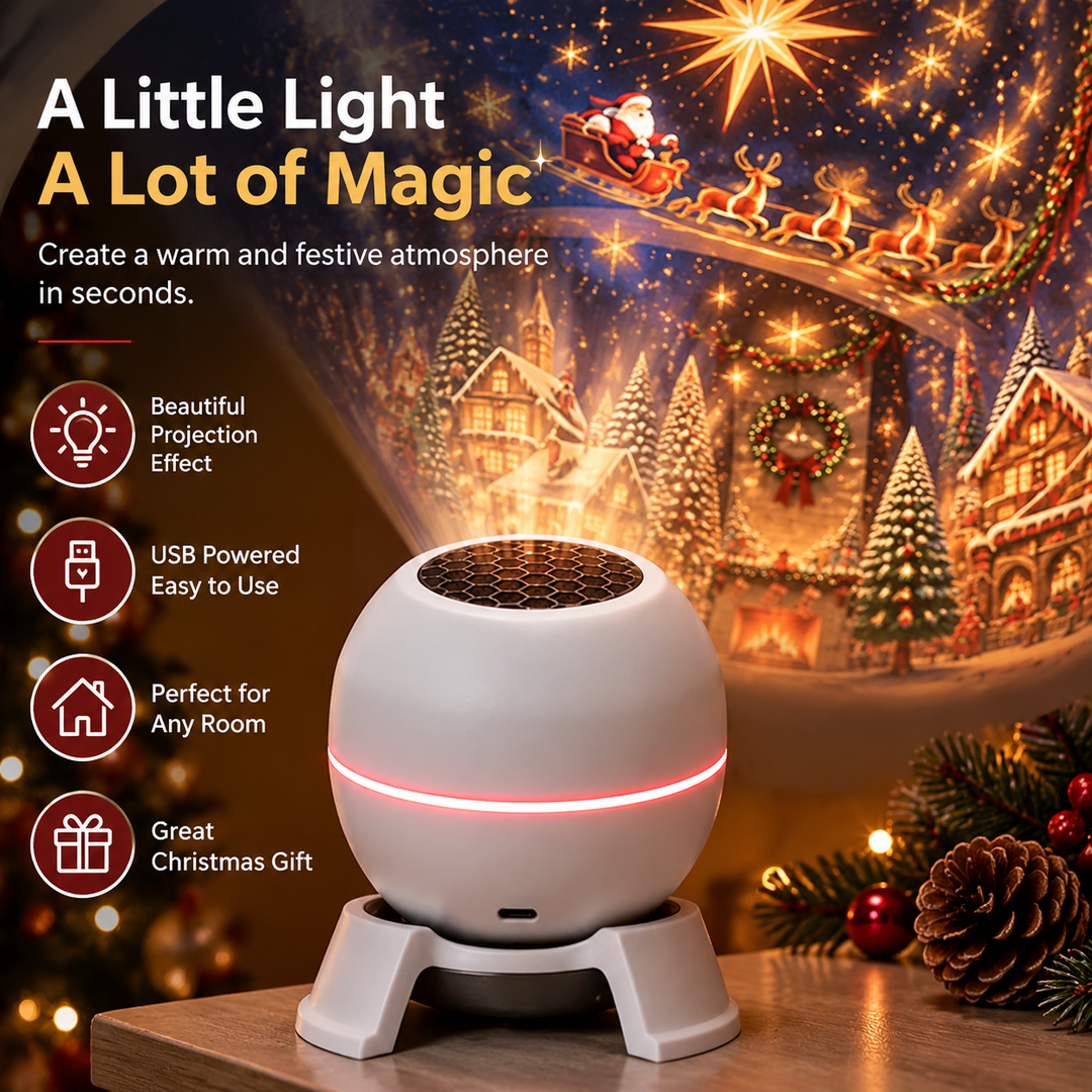 Witte projector op standaard met rode lichtband, USB-aansluiting en kenmerken in pictogrammen, naast een projectie van kerstman en kerstdorp. 4