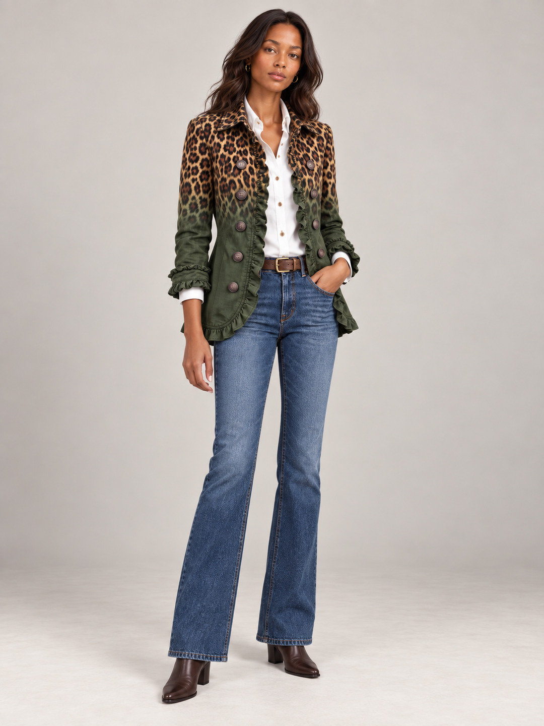 Model in volledige outfit met de groene luipaardblazer met volants, witte blouse, riem, flared jeans en bruine laarsjes. 6