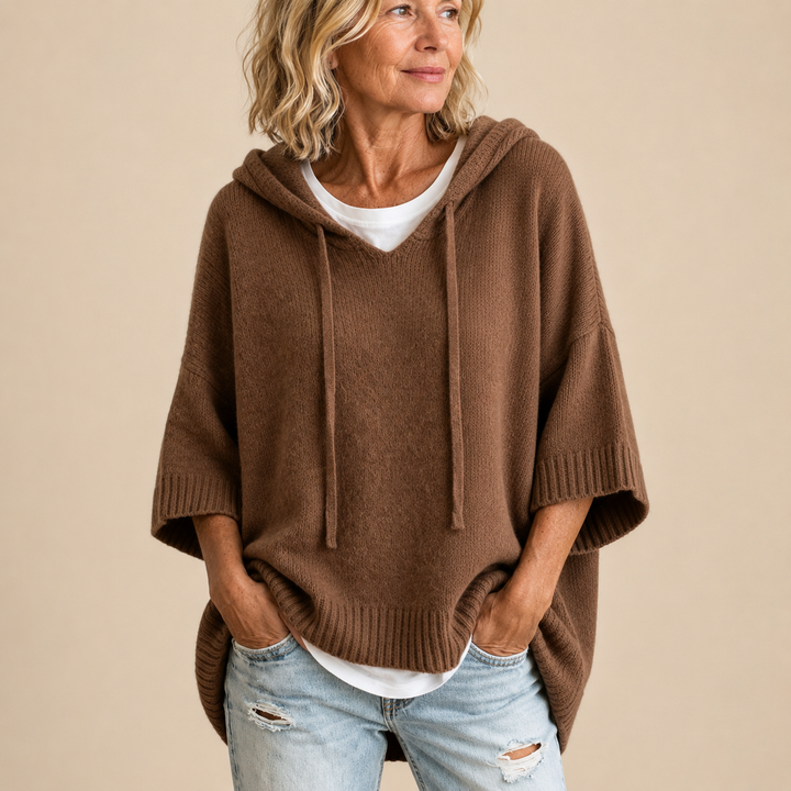 Knit Poncho with Hood and Three-Quarter Sleeves 13