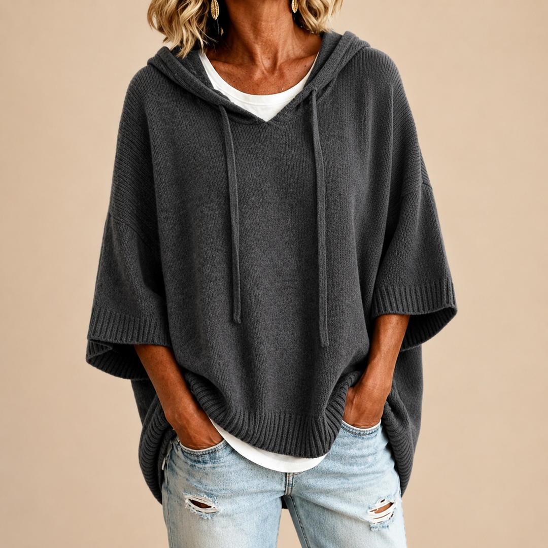 Knit Poncho with Hood and Three-Quarter Sleeves 4