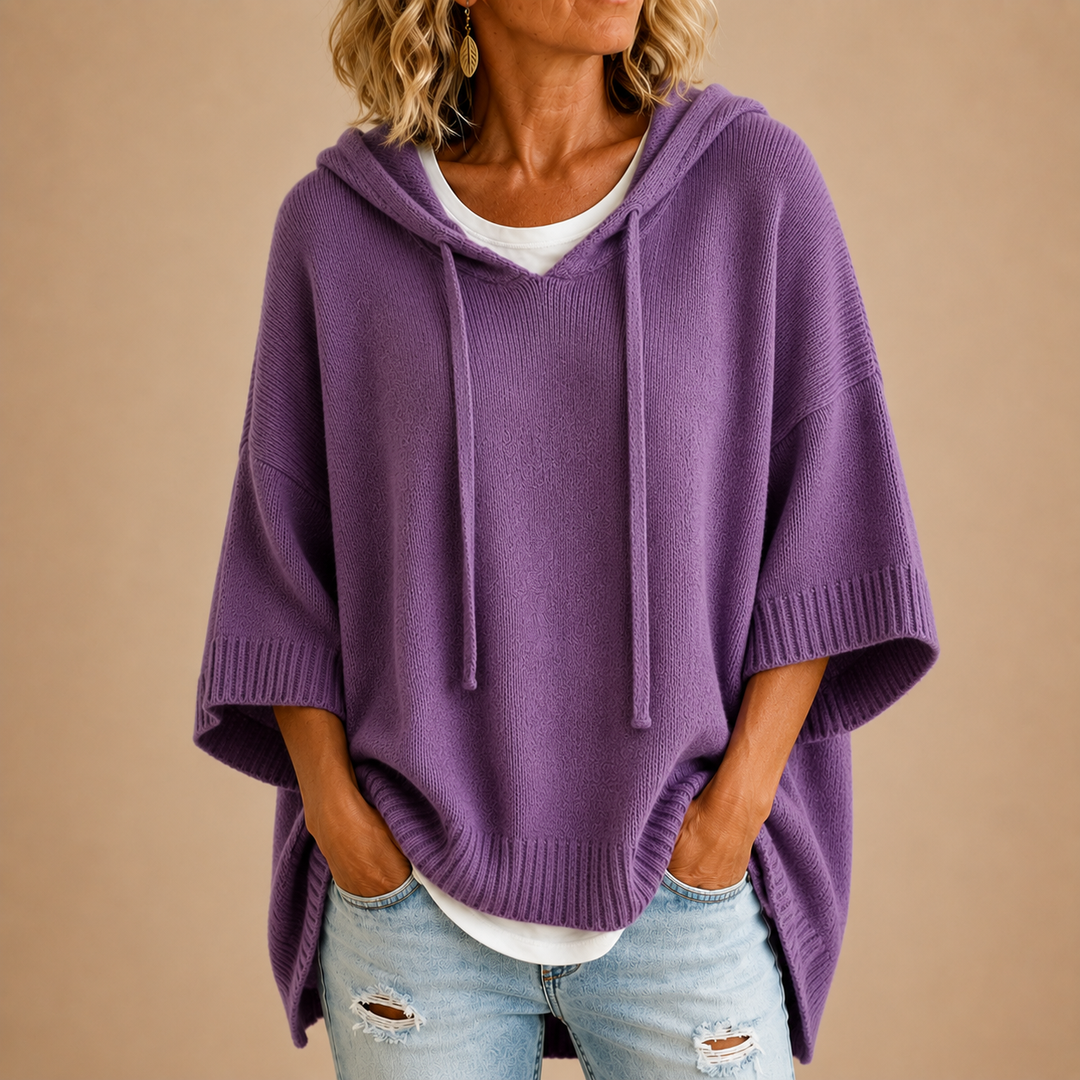Knit Poncho with Hood and Three-Quarter Sleeves 9