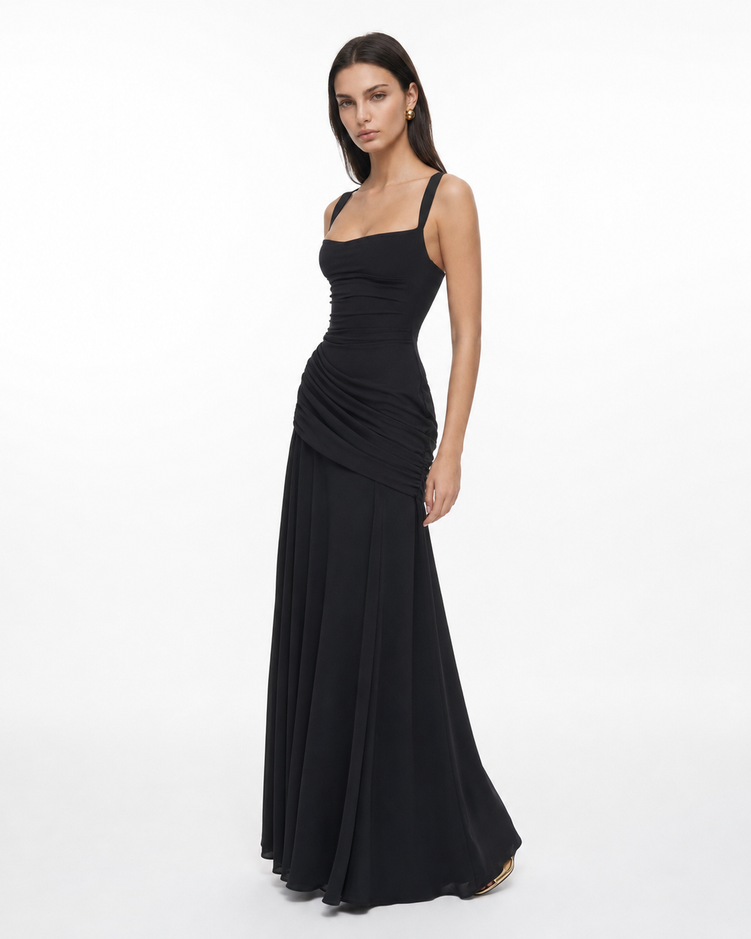 Women's Maxi Dress with Square Neckline and Side Draping 13