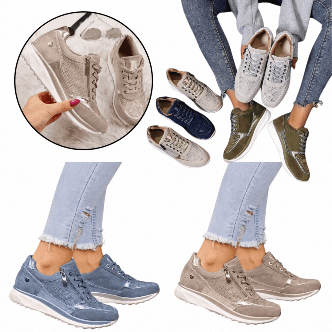 Collage van de sneakers in beige, blauw, marineblauw, groen en grijs, gedragen en los getoond 7