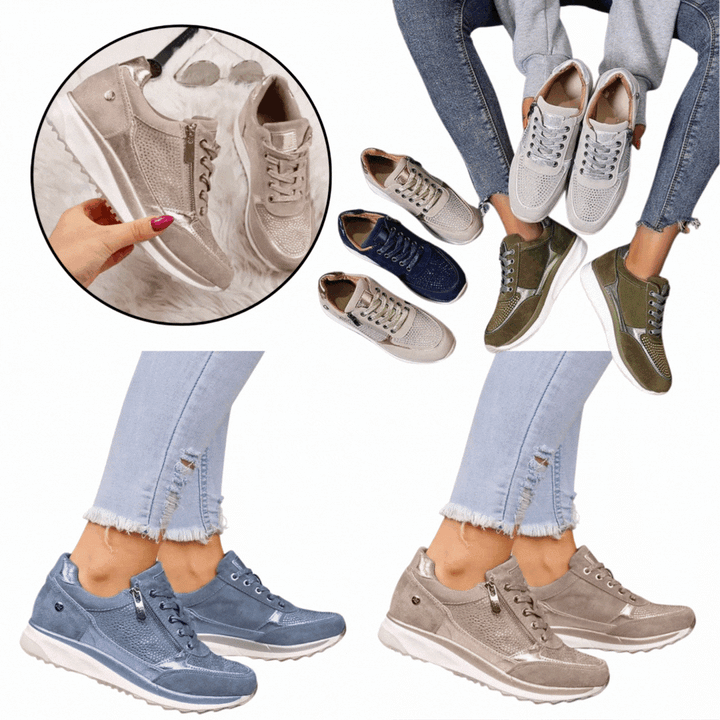 Collage van de sneakers in beige, blauw, marineblauw, groen en grijs, gedragen en los getoond 7
