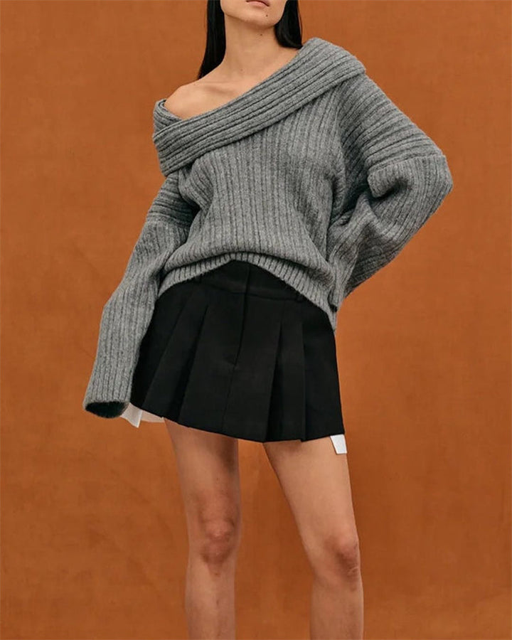 Casual Knitted One-Shoulder Sweater - LuxeOne
