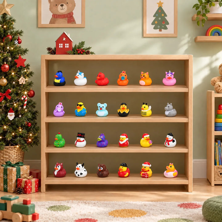 Vier rijen kleurrijke badeendjes in verschillende kostuums op een houten plank in een kinderkamer met versierde kerstboom en cadeautjes ernaast. 1